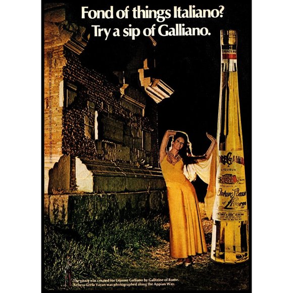 1972 Liquore Galliano Vintage Print Ad Italian Brunette Yellow Dress Wall Art - Picture 1 of 1